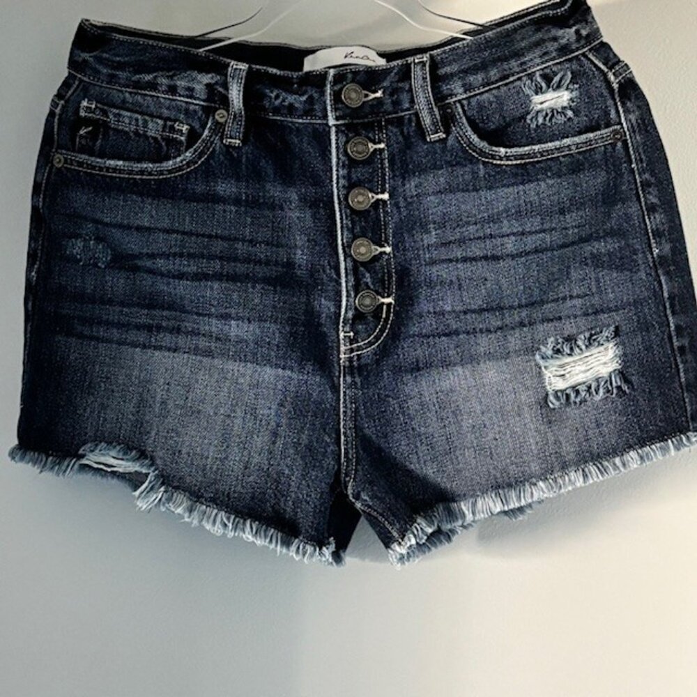KanCan Dark Wash Distressed Button-Front Jean Shorts